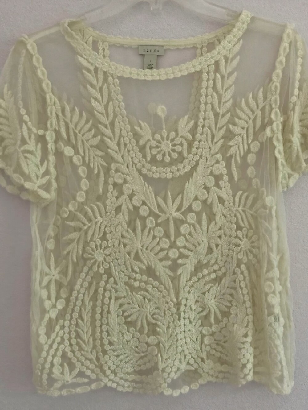 Hinge Cream Sheer Embroidered Mesh Bohemian Whimsigoth Top Size S